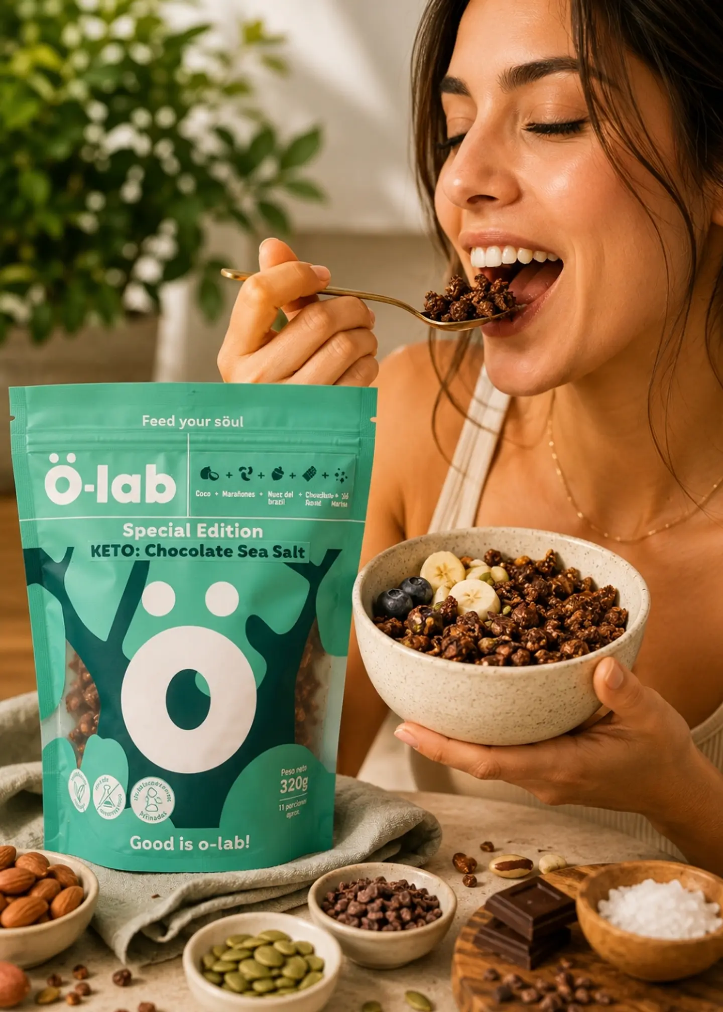 Granola Keto Cacao y Sal Marina 320 g | Sin Gluten, 0 g Azúcares Añadidos, 3,2 g Fibra y 4,7 g Proteína por Porción 3