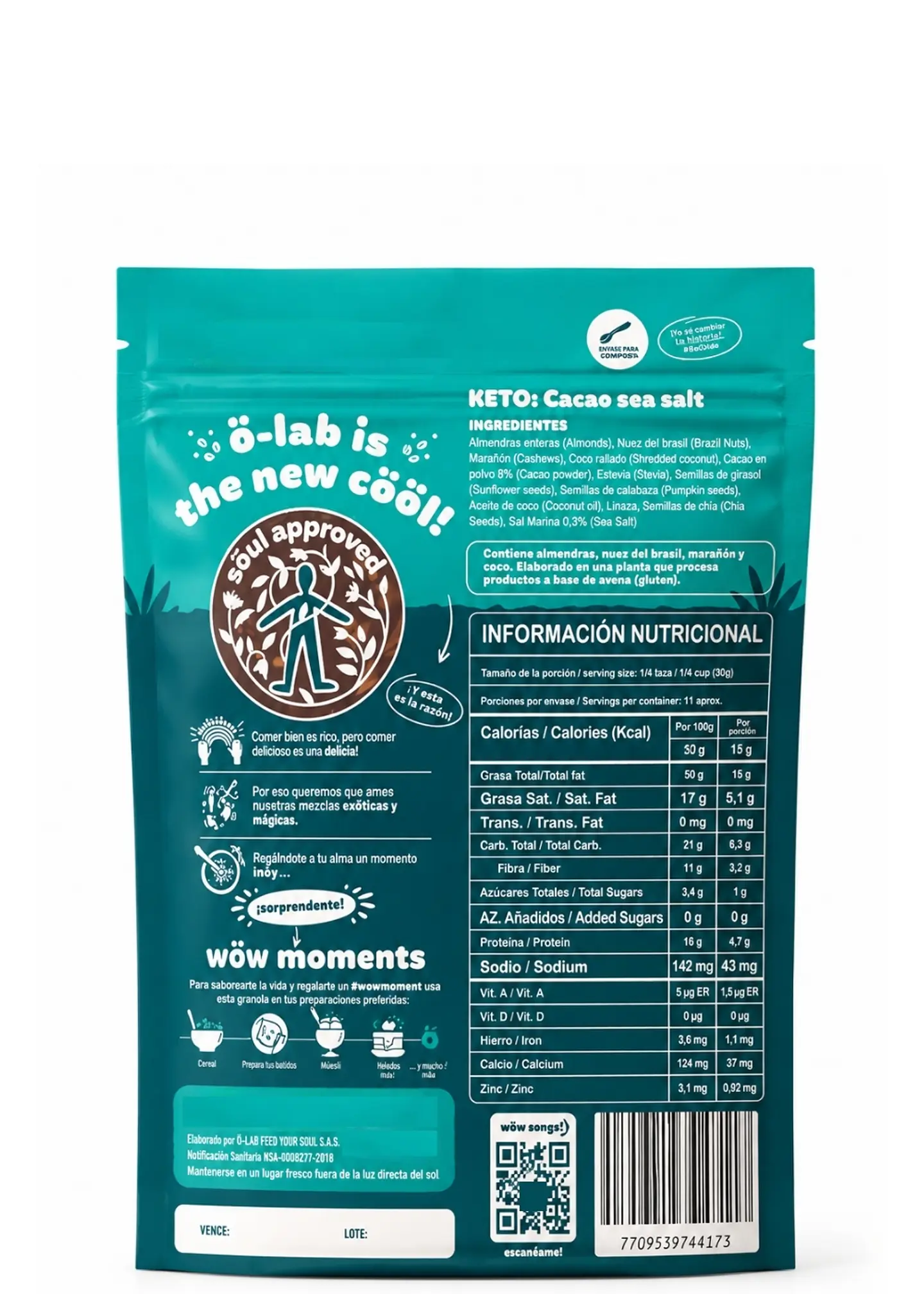 Granola Keto Cacao y Sal Marina 320 g | Sin Gluten, 0 g Azúcares Añadidos, 3,2 g Fibra y 4,7 g Proteína por Porción 4