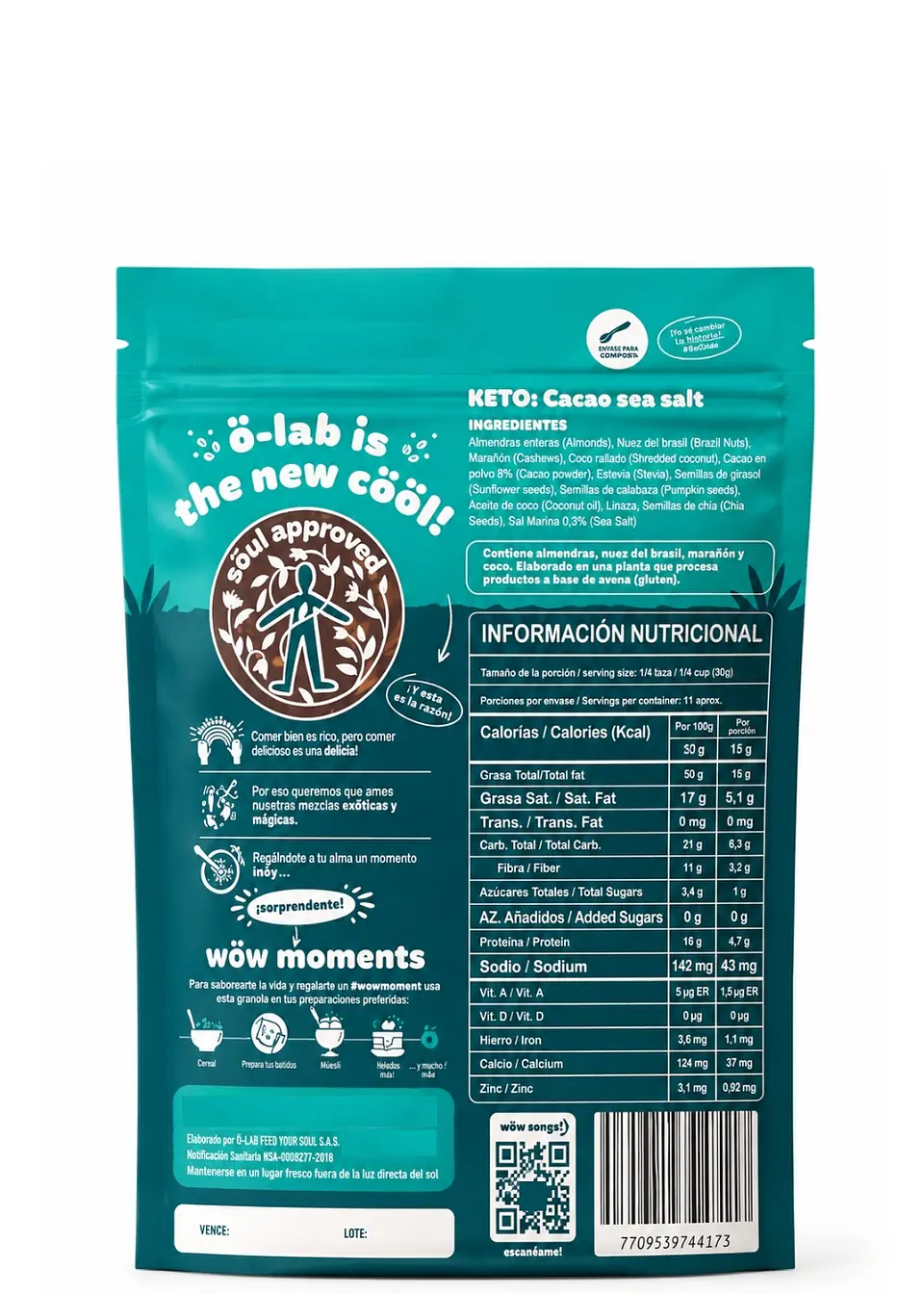 Granola Keto Cacao y Sal Marina 320 g | Sin Gluten, 0 g Azúcares Añadidos, 3,2 g Fibra y 4,7 g Proteína por Porción 4