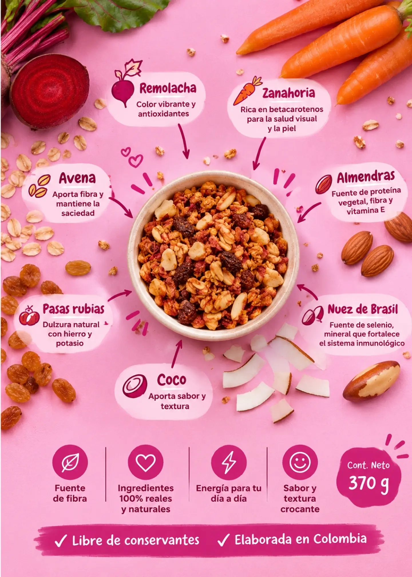 Granola de Remolacha y Zanahoria 370 g | Avena, Nueces, Frutas y Vegetales | Fuente de Fibra 2
