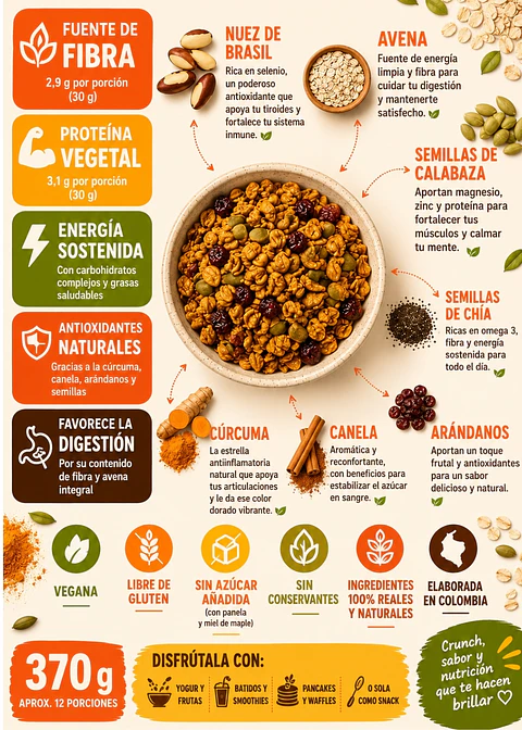 Granola Golden Spice 370 g | Avena, Cúrcuma, Semillas, Nueces y Arándanos | Vegana y Fuente de Fibra | Sin Conservantes