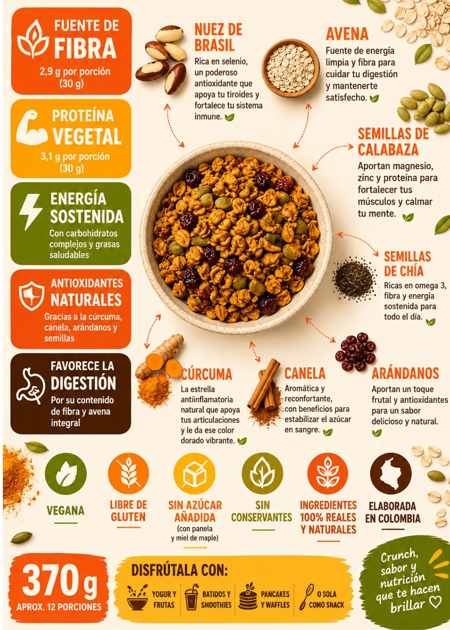 Granola Golden Spice 370 g | Avena, Cúrcuma, Semillas, Nueces y Arándanos | Vegana y Fuente de Fibra | Sin Conservantes 2