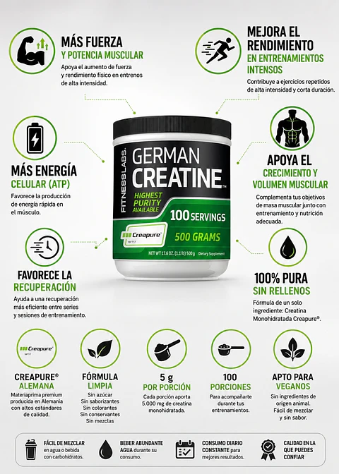 Creatina Monohidratada Alemana Creapure® 5000 mg | 500 g | 100 Porciones | Creatina Pura Alemana para Fuerza, Potencia y Rendimiento Deportivo| Colombia