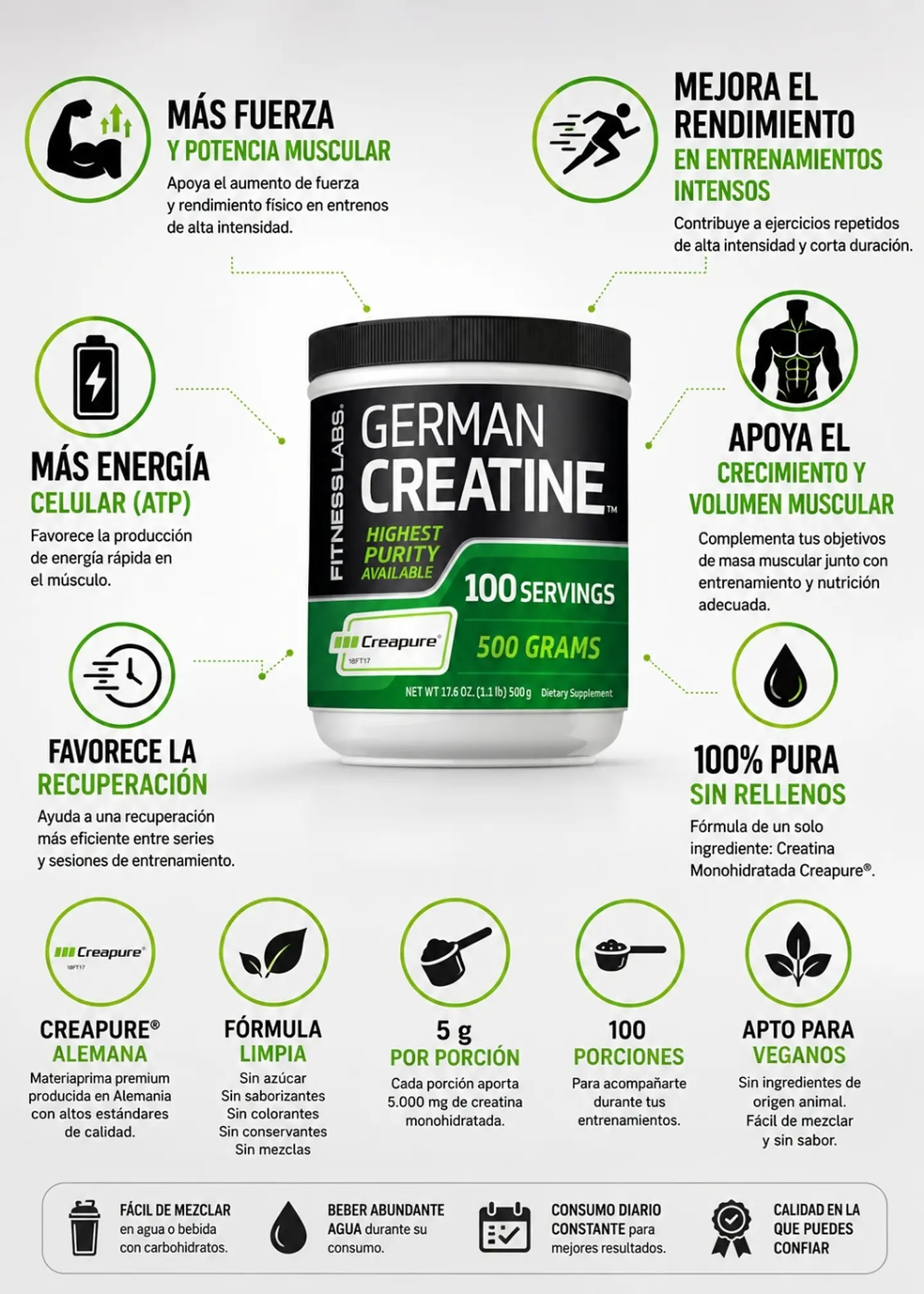Creatina Monohidratada Alemana Creapure® 5000 mg | 500 g | 100 Porciones | Creatina Pura Alemana para Fuerza, Potencia y Rendimiento Deportivo| Colombia 2
