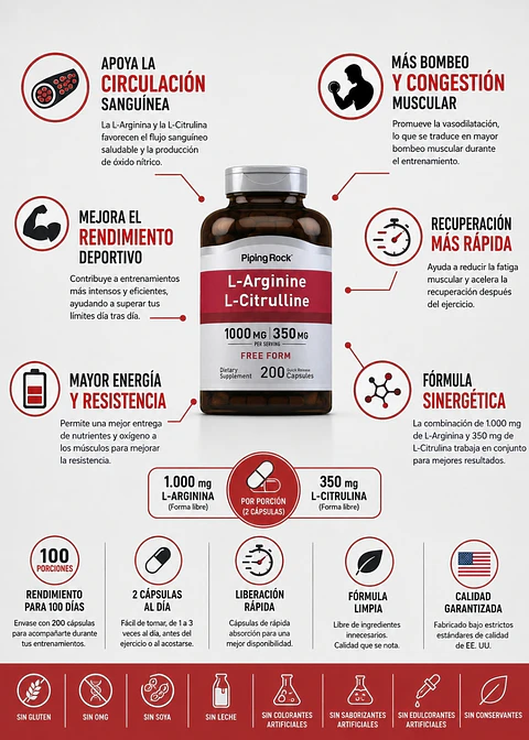 L-Arginina 1000 mg + L-Citrulina 350 mg | 200 Cápsulas | 100 Porciones | Óxido Nítrico, Circulación y Rendimiento Deportivo | Importado EE. UU. | Colombia