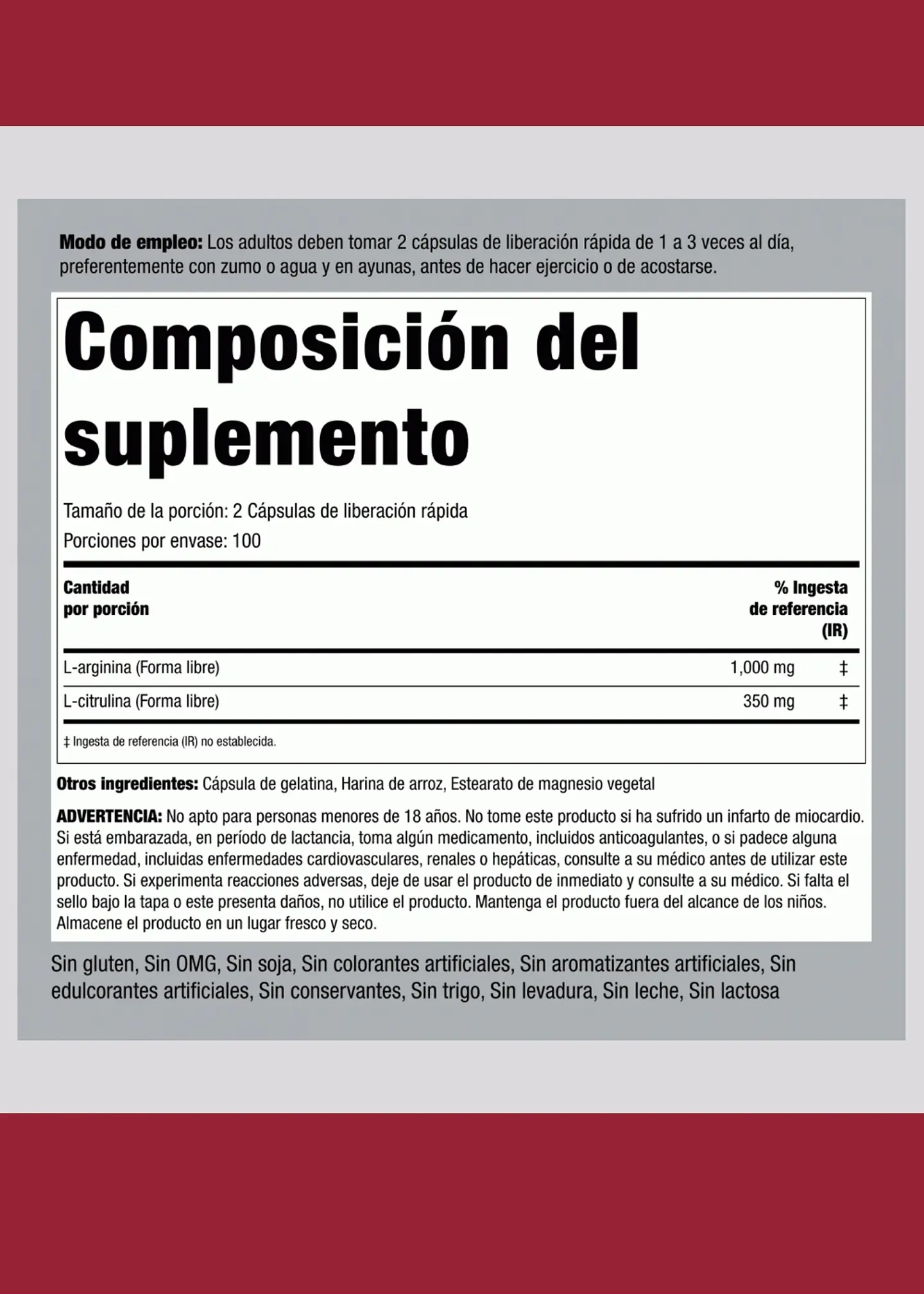L-Arginina 1000 mg + L-Citrulina 350 mg | 200 Cápsulas | 100 Porciones | Óxido Nítrico, Circulación y Rendimiento Deportivo | Importado EE. UU. | Colombia 3