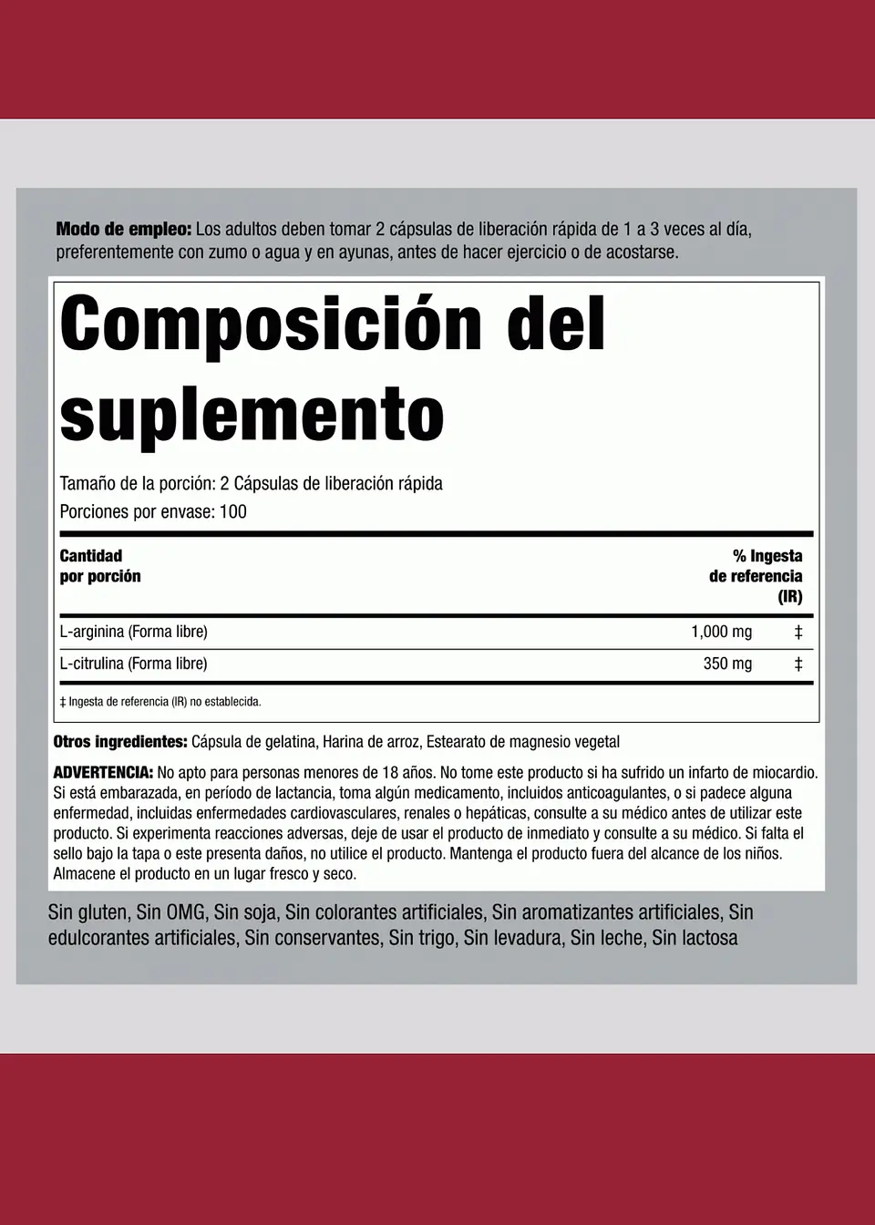 L-Arginina 1000 mg + L-Citrulina 350 mg | 200 Cápsulas | 100 Porciones | Óxido Nítrico, Circulación y Rendimiento Deportivo | Importado EE. UU. | Colombia 3