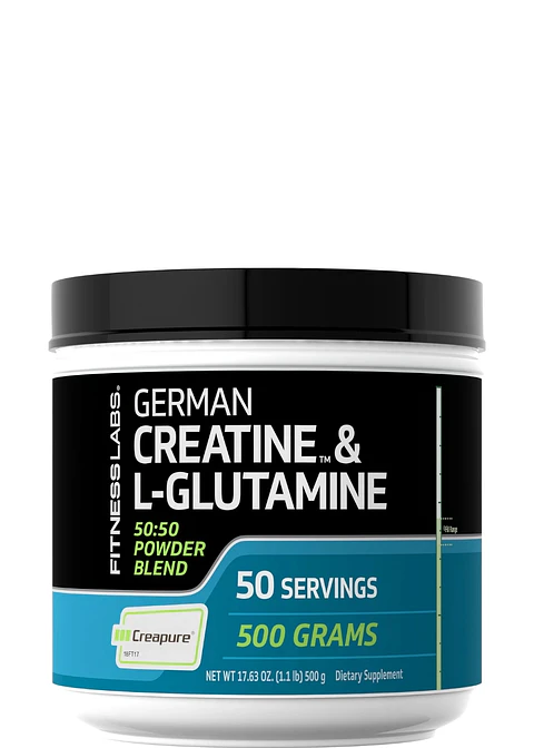 Fitness Labs Creatina Alemana Creapure® + L-Glutamina 500 g | 5 g Creatina + 5 g Glutamina | 50 Porciones | Fuerza, Rendimiento y Recuperación Muscular | Importado de EE. UU.| Colombia