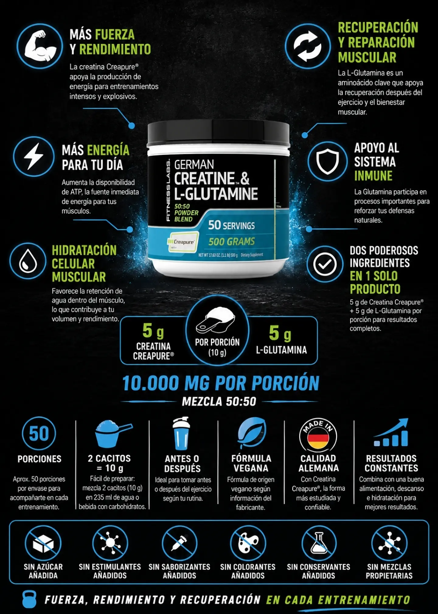 Fitness Labs Creatina Alemana Creapure® + L-Glutamina 500 g | 5 g Creatina + 5 g Glutamina | 50 Porciones | Fuerza, Rendimiento y Recuperación Muscular | Importado de EE. UU.| Colombia 2