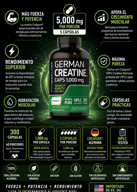 German Creatina Monohidratada Creapure® 1000 mg | 300 Cápsulas | 5000 mg por Porción | 60 Porciones | Fuerza, Potencia y Rendimiento Deportivo | Importado EE. UU. | Colombia