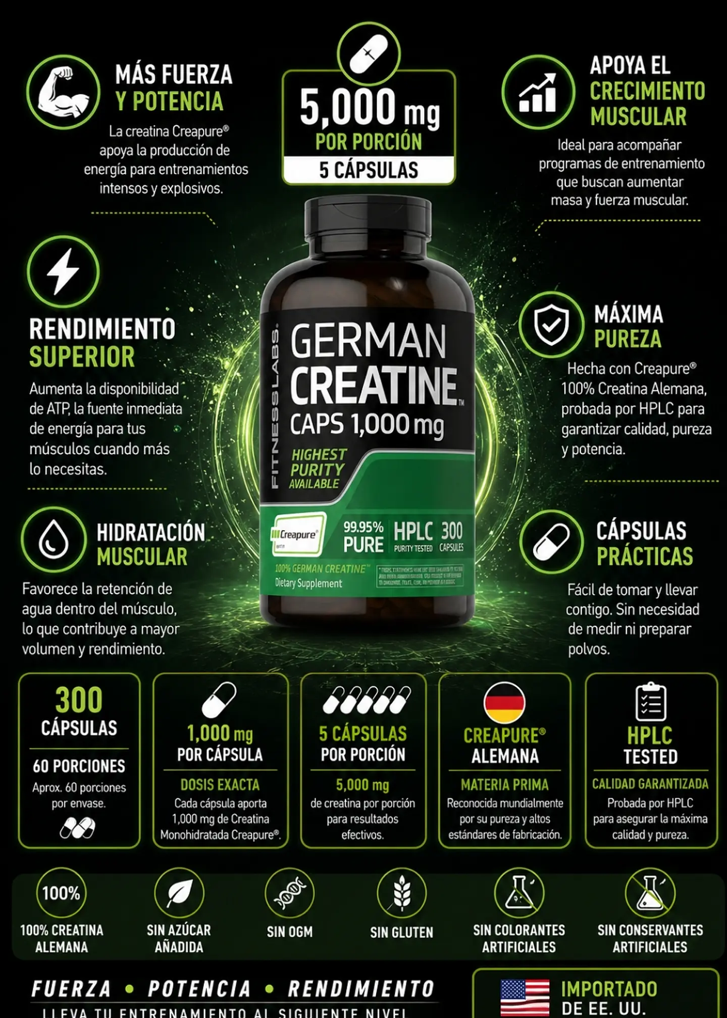 German Creatina Monohidratada Creapure® 1000 mg | 300 Cápsulas | 5000 mg por Porción | 60 Porciones | Fuerza, Potencia y Rendimiento Deportivo | Importado EE. UU. | Colombia 2