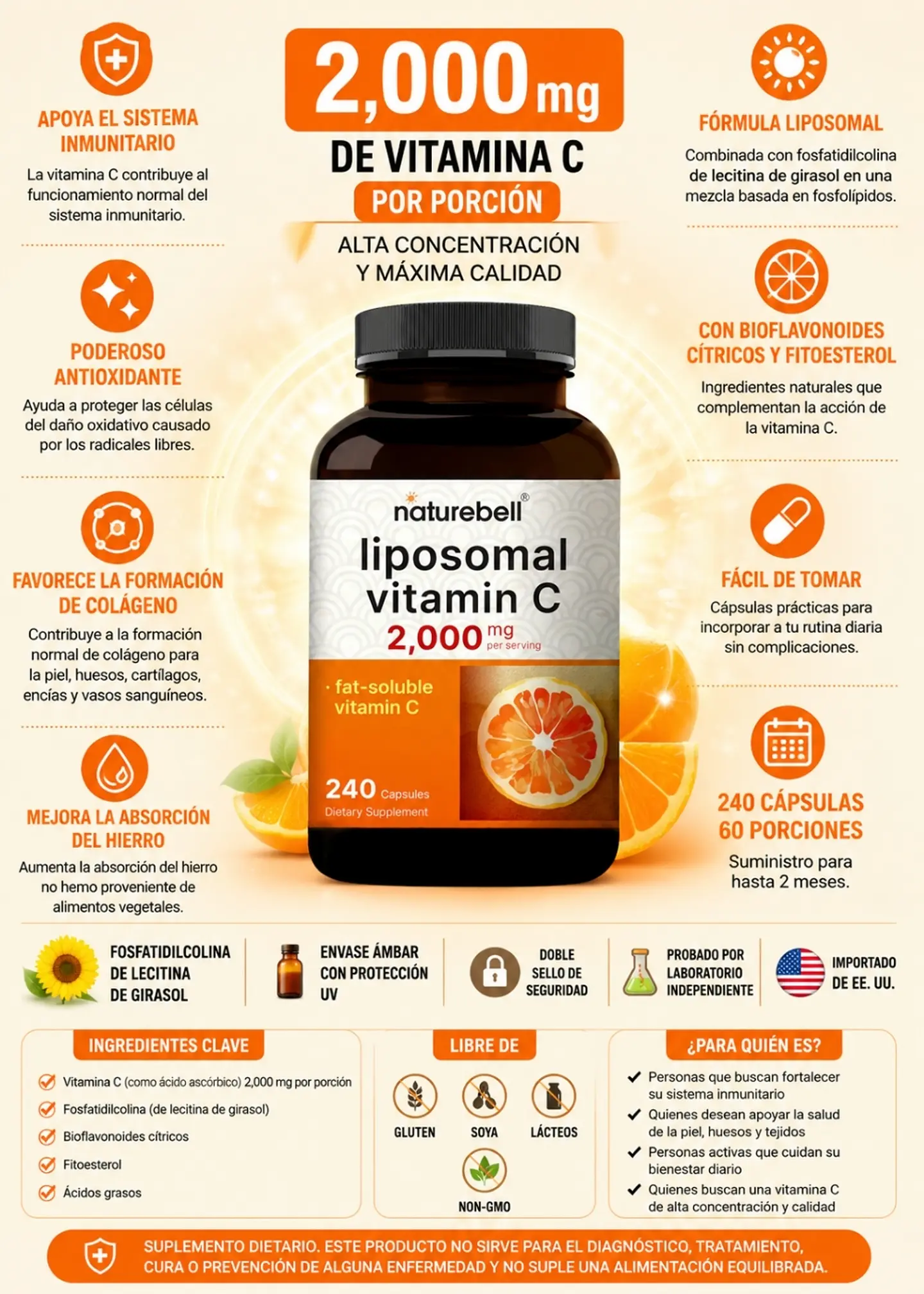 NatureBell Vitamina C Liposomal 2000 mg | 240 Cápsulas | 60 Porciones | Con Fosfatidilcolina y Bioflavonoides Cítricos | Alta Concentración | Importado de EE. UU. | Colombia 2