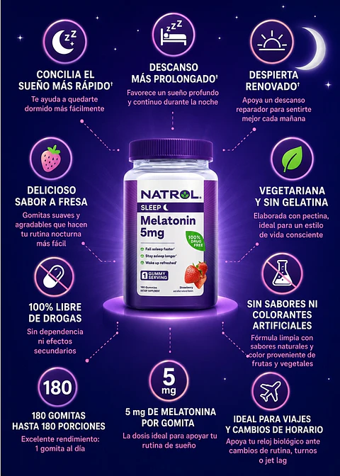 Melatonina Natrol Sleep 5 mg en Gomitas x 180 | Sabor Fresa | Apoyo para Conciliar el Sueño y Descanso Nocturno | Vegetariana y Sin Gelatina | Importada de EE. UU.| Colombia