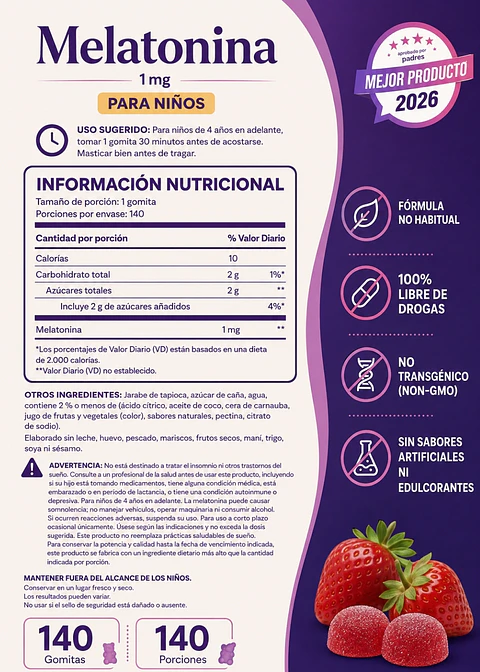 Natrol Kids Melatonina 1 mg x 140 Gomitas | Para Niños desde 4 Años | Apoyo para Conciliar el Sueño | Vegetariana, Sin Gelatina y Non-GMO | Importado EE.UU. | Colombia