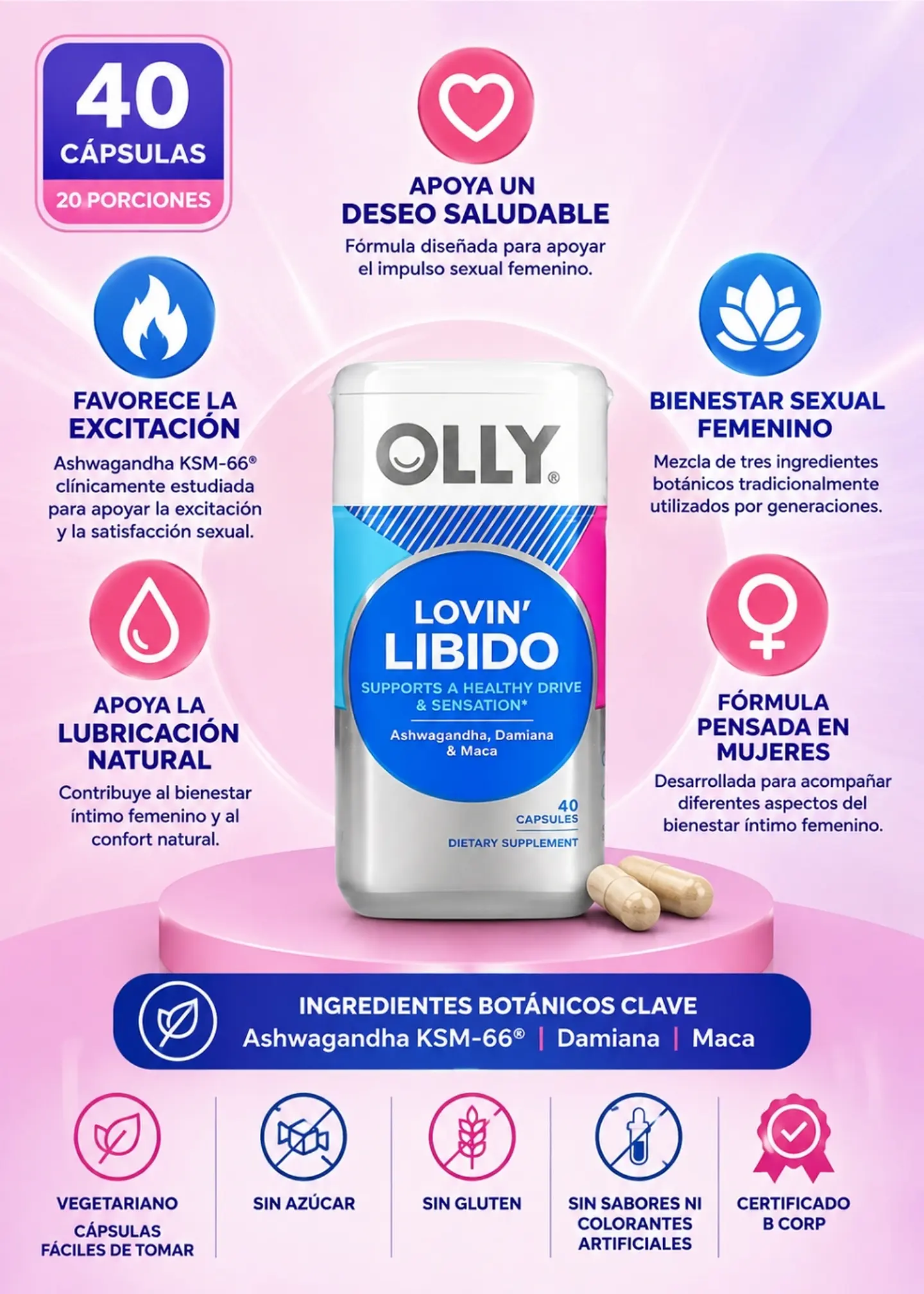  OLLY Lovin’ Libido x 40 Cápsulas | Ashwagandha KSM-66, Damiana y Maca | Deseo, Excitación y Bienestar Sexual Femenino | 20 Porciones | Imporado EE.UU. | Colombia   2