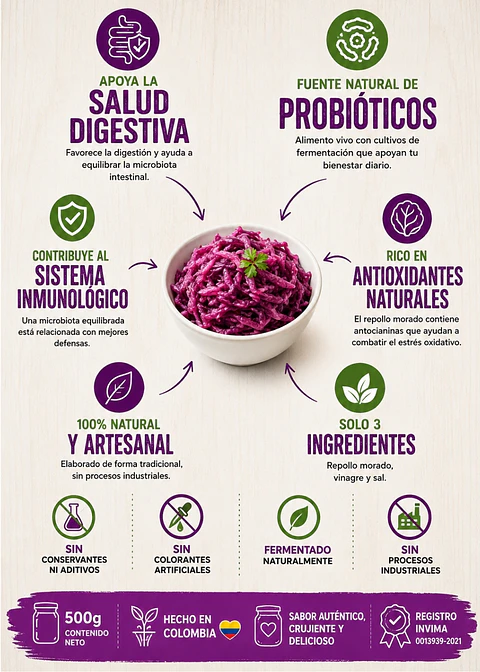 Chucrut de Repollo Morado Artesanal 500 g | Fermentado Natural | Alimento Vivo con Cultivos de Fermentación | Sin Conservantes ni Aditivos | Registro INVIMA