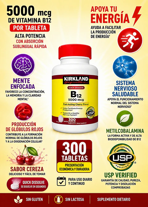 Kirkland Signature Vitamina B12 5000 mcg x 300 Tabletas | Metilcobalamina Quick Dissolve | Apoyo a la Energía y Sistema Nervioso | Sabor Cereza | USP Verified | Importada de EE. UU. | Colombia
