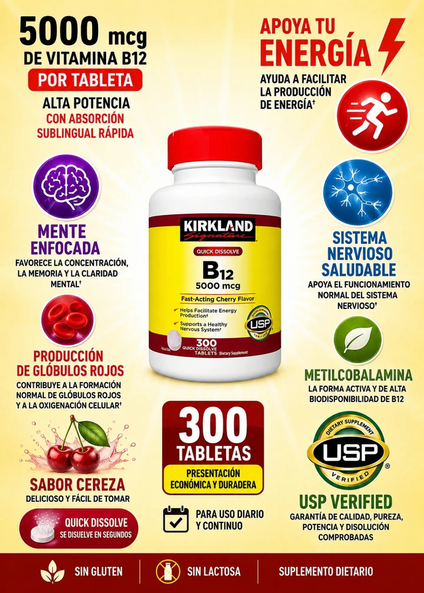 Kirkland Signature Vitamina B12 5000 mcg x 300 Tabletas | Metilcobalamina Quick Dissolve | Apoyo a la Energía y Sistema Nervioso | Sabor Cereza | USP Verified | Importada de EE. UU. | Colombia 2