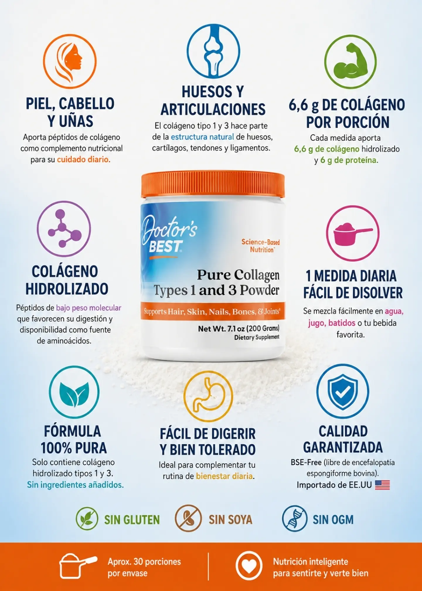 Doctor's Best Pure Colágeno Hidrolizado Tipo 1 y 3 200mg | 6,6 g por Porción | Cabello, Piel, Uñas, Huesos y Articulaciones | Sin Gluten, Soya ni OGM | Importado de EE.UU | Colombia 2