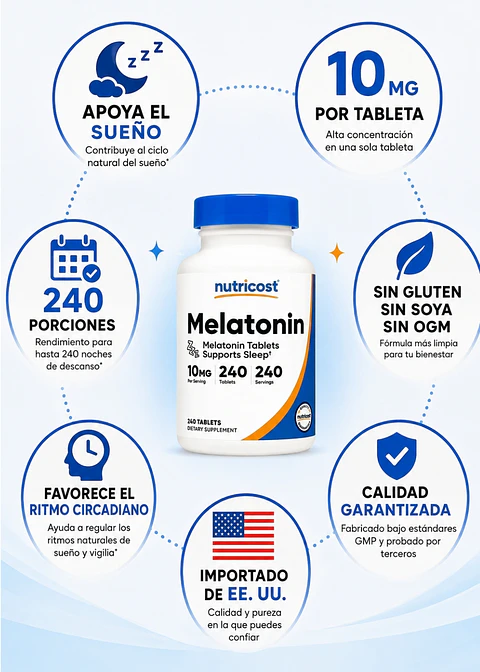 Nutricost Melatonina 10 mg | 240 Tabletas | 240 Porciones | Apoyo al ciclo natural del sueño | Sin gluten, soya y OGM | Importado de EE. UU. | Colombia