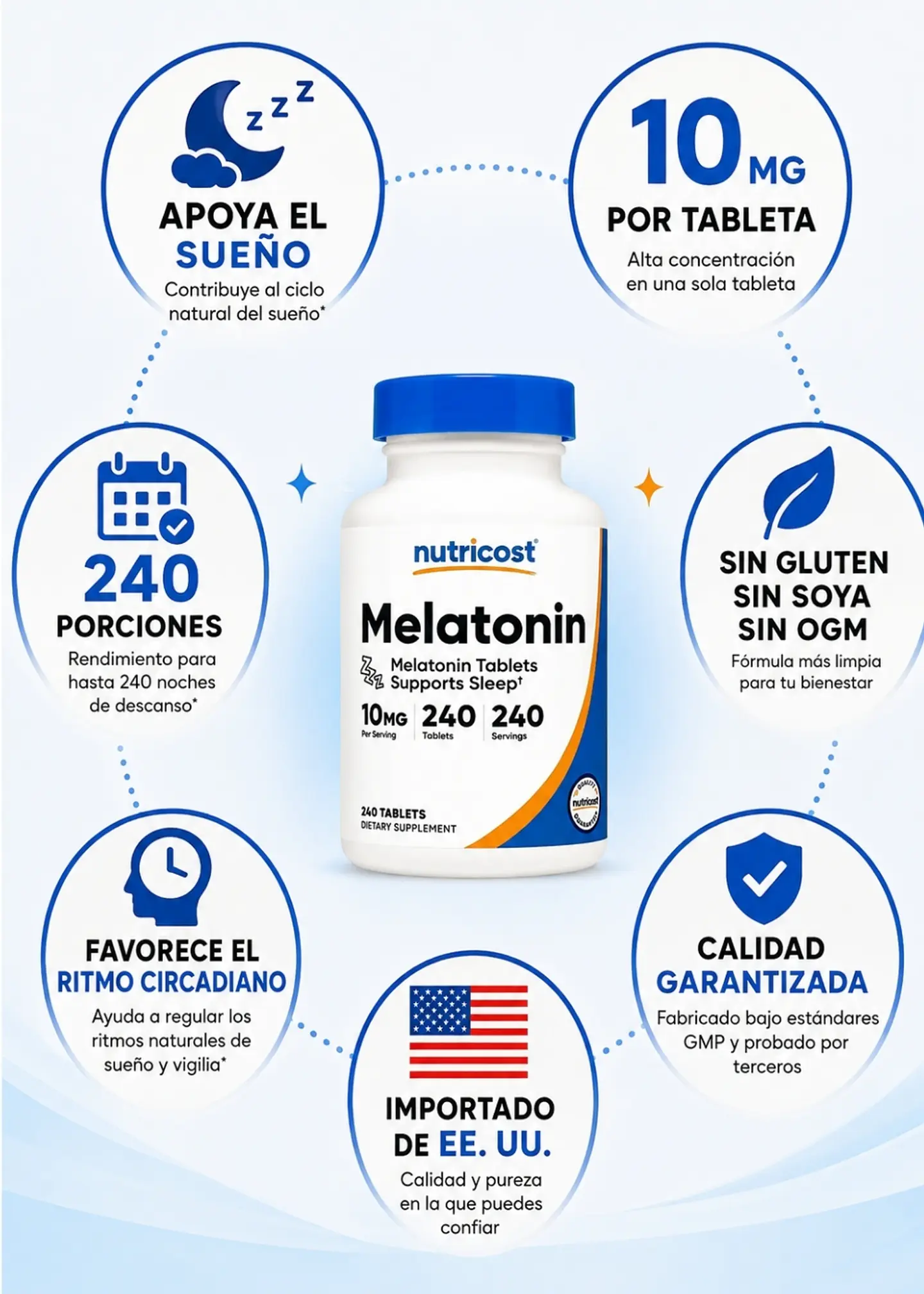Nutricost Melatonina 10 mg | 240 Tabletas | 240 Porciones | Apoyo al ciclo natural del sueño | Sin gluten, soya y OGM | Importado de EE. UU. | Colombia 2