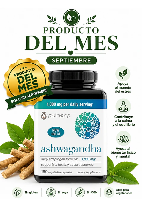 Ashwagandha Youtheory KSM-66® 1000 mg x 180 Cápsulas | Estrés, Calma, Concentración, Energía y Bienestar| Importada de EE. UU. | Colombia
