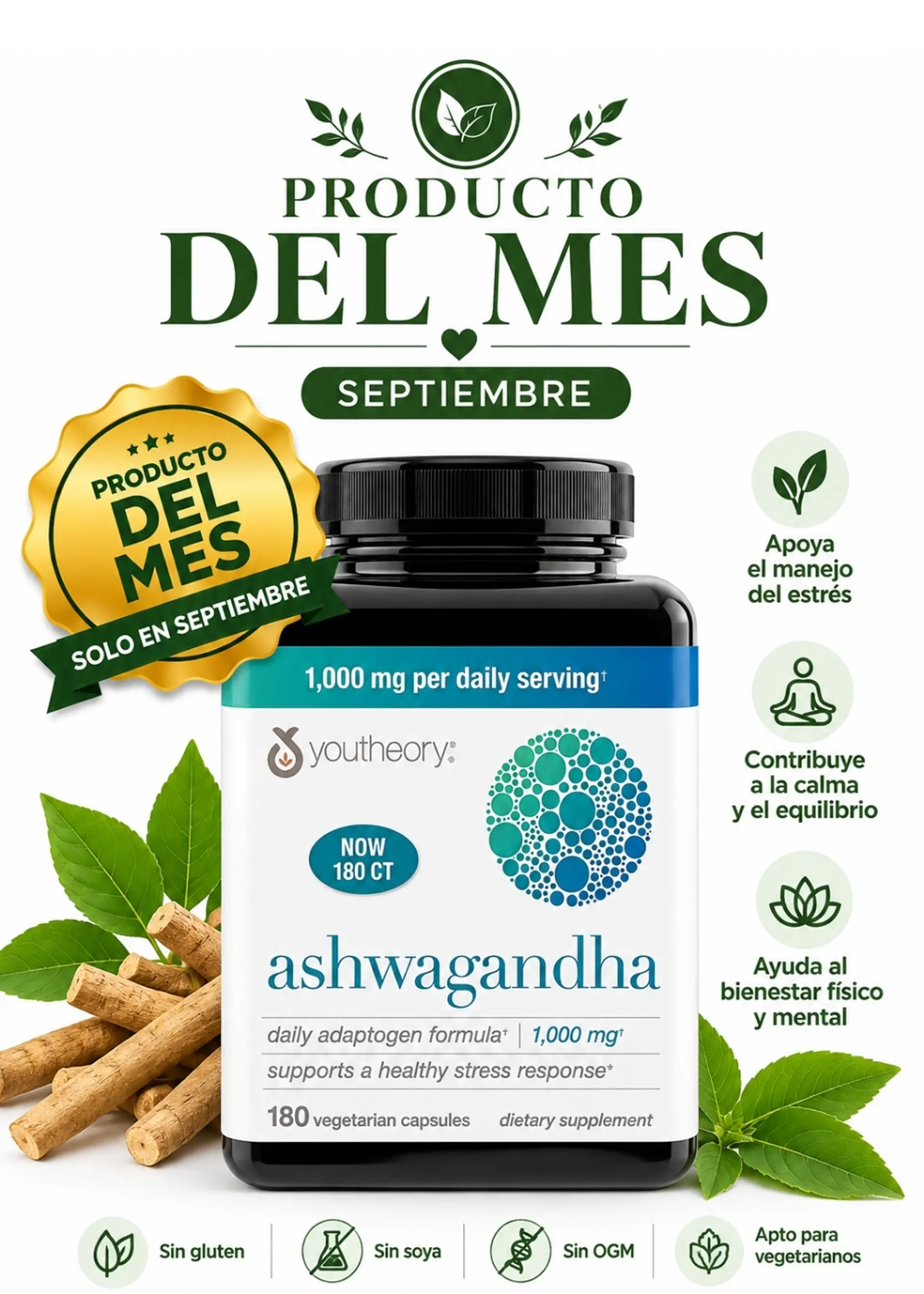 Ashwagandha Youtheory KSM-66® 1000 mg x 180 Cápsulas | Estrés, Calma, Concentración, Energía y Bienestar| Importada de EE. UU. | Colombia 1