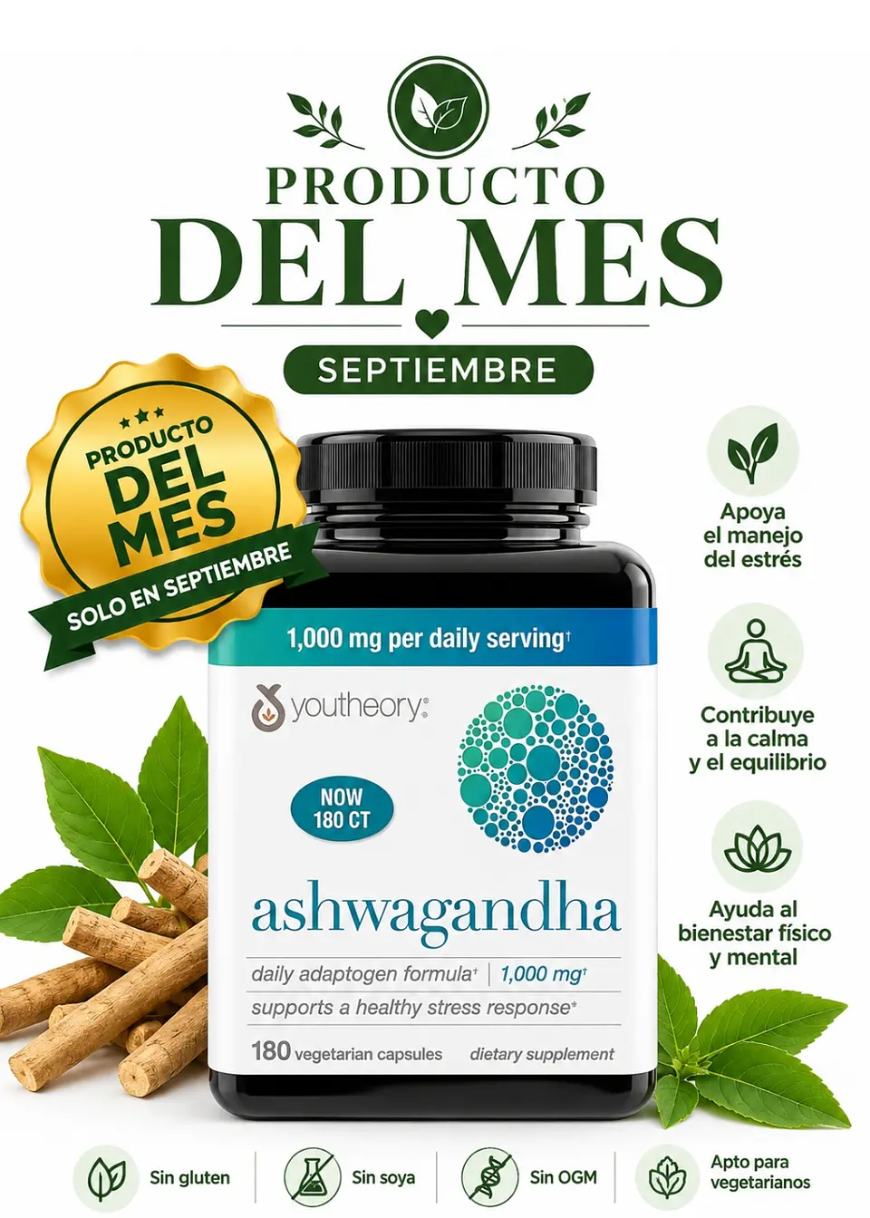Ashwagandha Youtheory KSM-66® 1000 mg x 180 Cápsulas | Estrés, Calma, Concentración, Energía y Bienestar| Importada de EE. UU. | Colombia 1