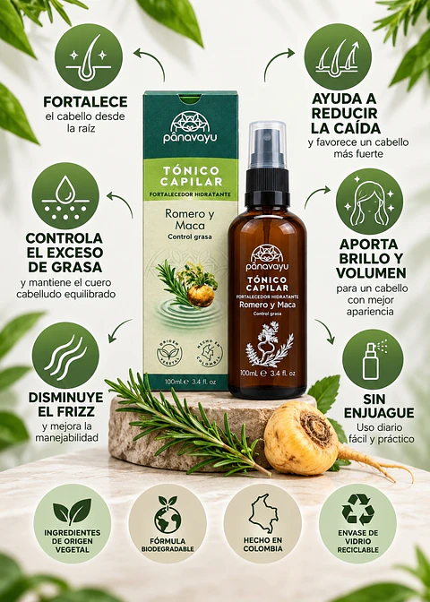 Panavayu Tónico Capilar Romero y Maca 100 ml | Anticaída, Fortalecedor y Control Grasa | Sin Enjuague | Colombia