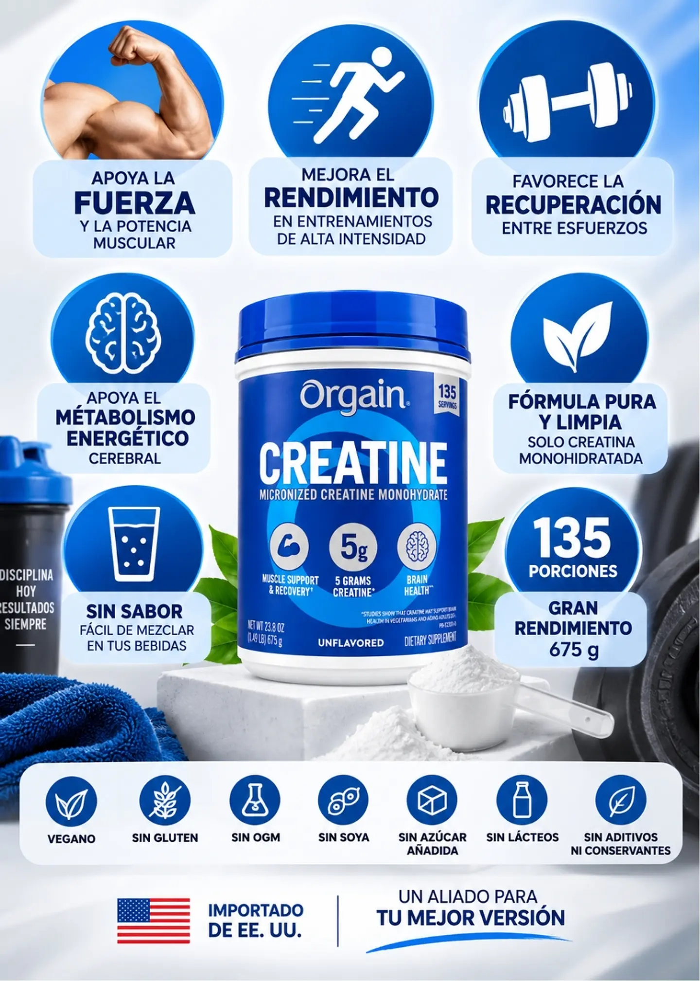 Orgain Creatina monohidratada micronizada 5g | 675 g | 135 porciones | Sin sabor | Importada de EE. UU.  | Colombia 2