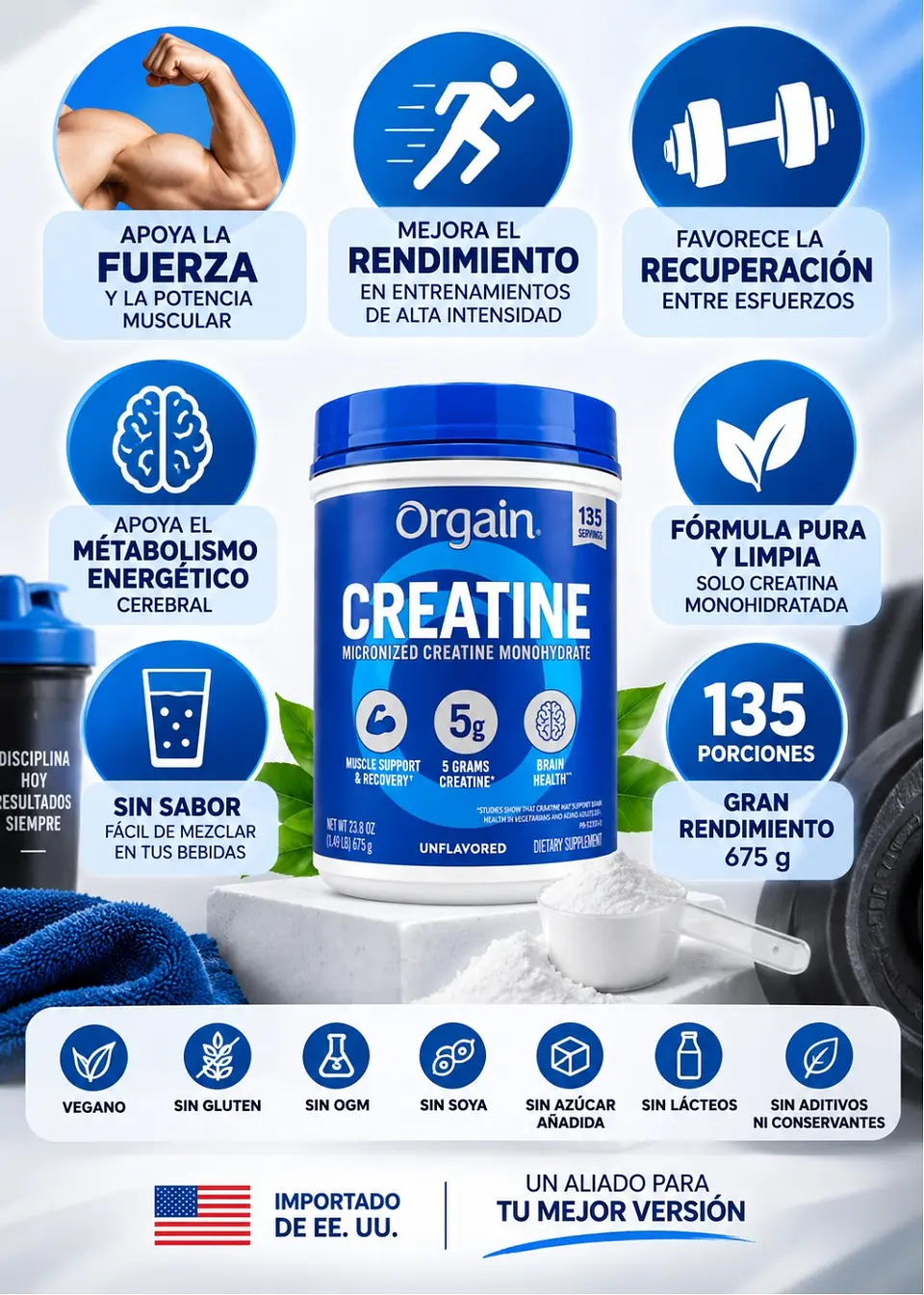 Orgain Creatina monohidratada micronizada 5g | 675 g | 135 porciones | Sin sabor | Importada de EE. UU.  | Colombia 2