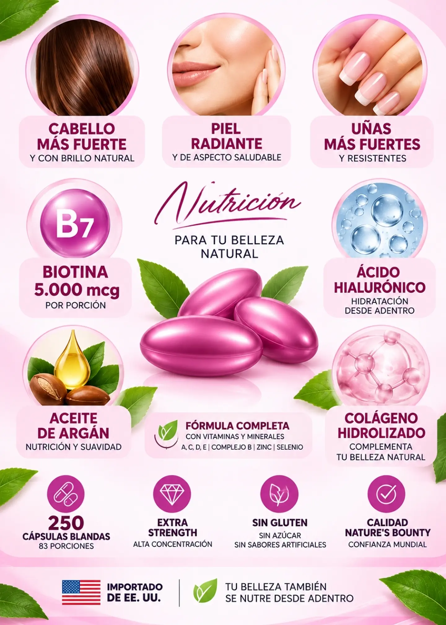 Nature’s Bounty Hair, Skin & Nails Extra Strength | Biotina 5.000 mcg | 250 cápsulas blandas | Ácido hialurónico, colágeno y aceite de argán | Importado de EE. UU.| Colombia  2
