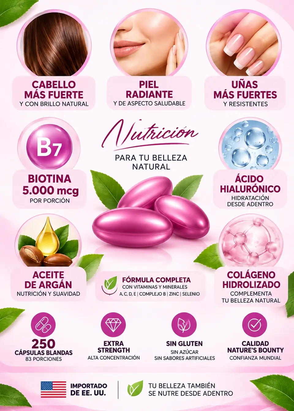 Nature’s Bounty Hair, Skin & Nails Extra Strength | Biotina 5.000 mcg | 250 cápsulas blandas | Ácido hialurónico, colágeno y aceite de argán | Importado de EE. UU.| Colombia  2