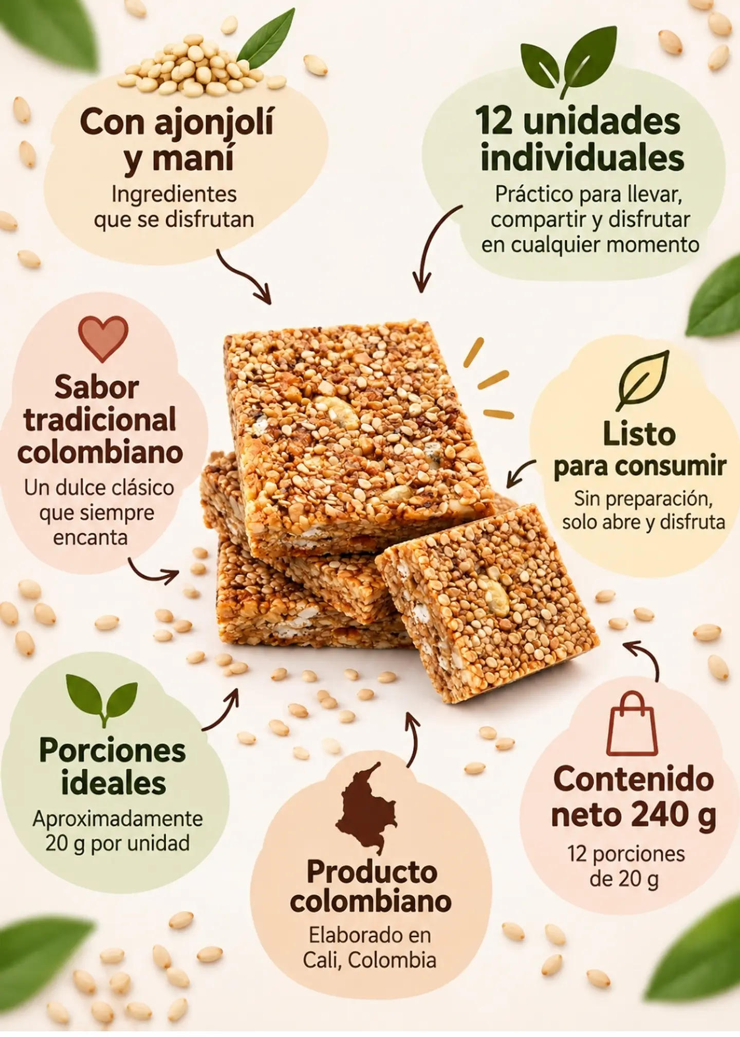 Turrón de ajonjolí Deliturrón x12 unidades 240g | Snack dulce colombiano 3
