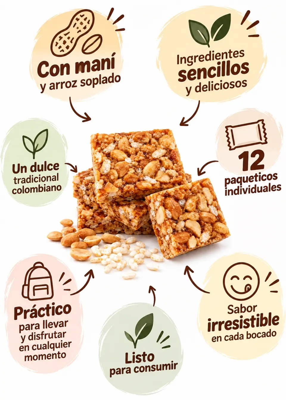 Turrón de maní Deliturrón con arroz soplado x12 unidades 240 g | Snack dulce colombiano 3