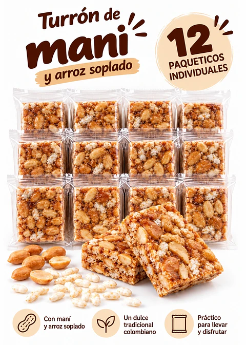 Turrón de maní Deliturrón con arroz soplado x12 unidades 240 g | Snack dulce colombiano