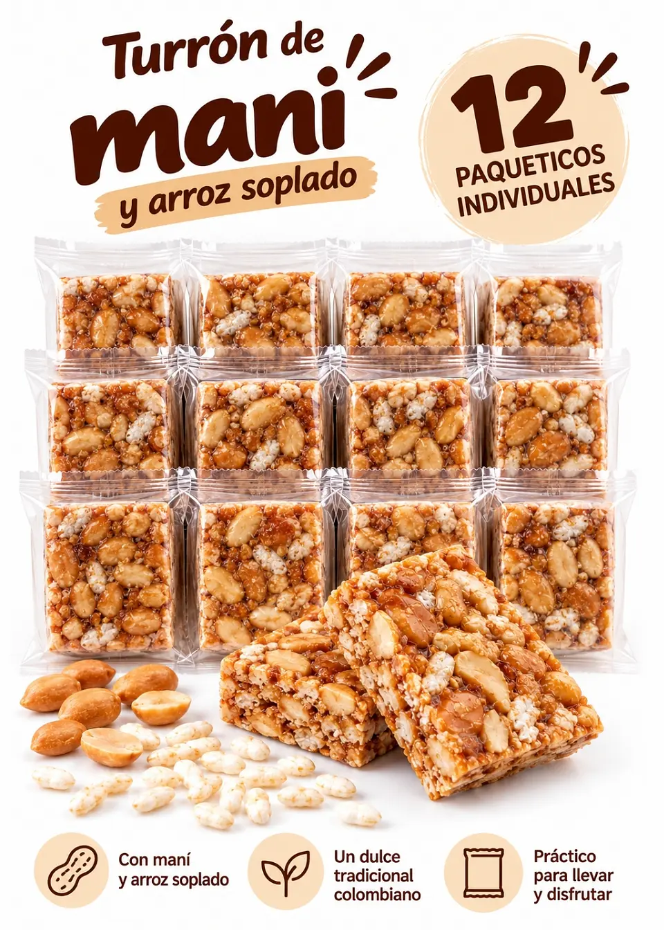 Turrón de maní Deliturrón con arroz soplado x12 unidades 240 g | Snack dulce colombiano 2