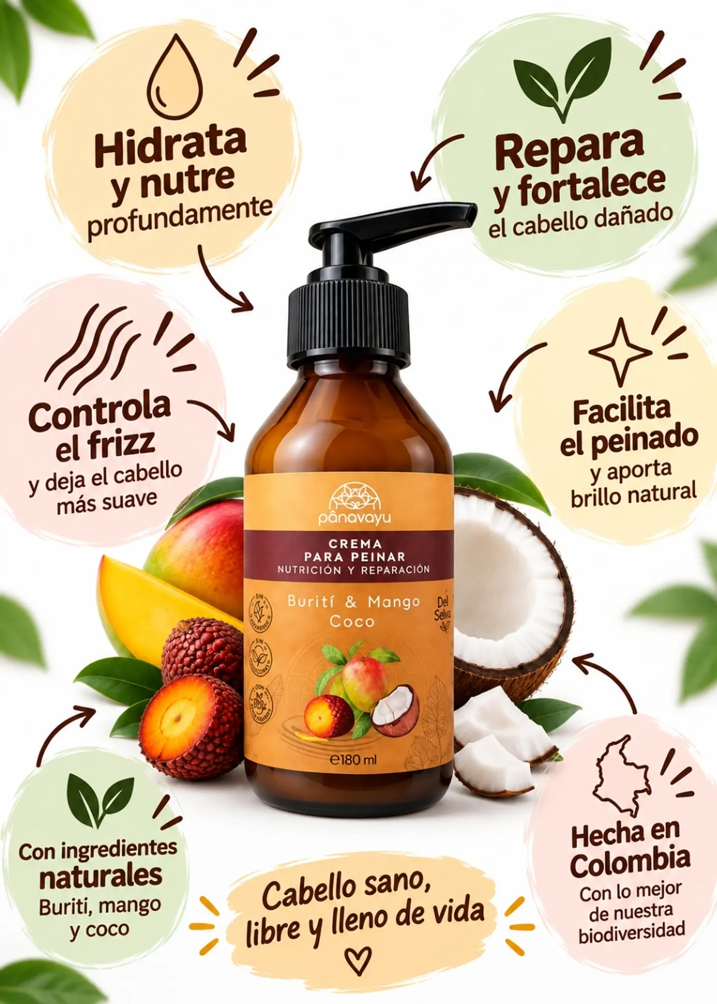 Panavayu Crema para peinar reparadora e hidratante Burití, mango y coco 180 ml | Cabello seco, dañado y con frizz | Hecha en Colombia 2