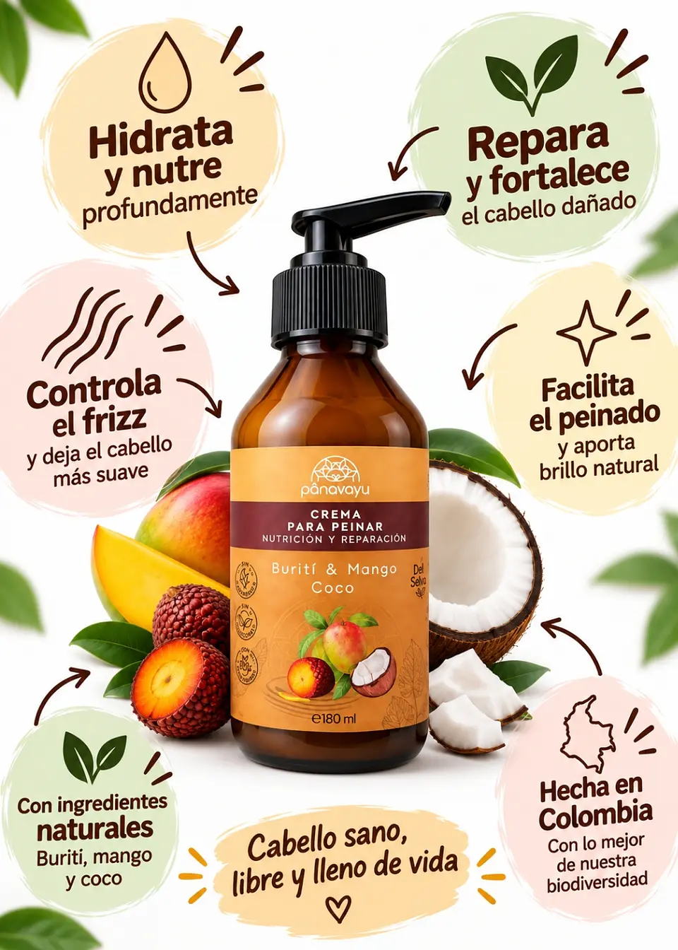 Panavayu Crema para peinar reparadora e hidratante Burití, mango y coco 180 ml | Cabello seco, dañado y con frizz | Hecha en Colombia 2