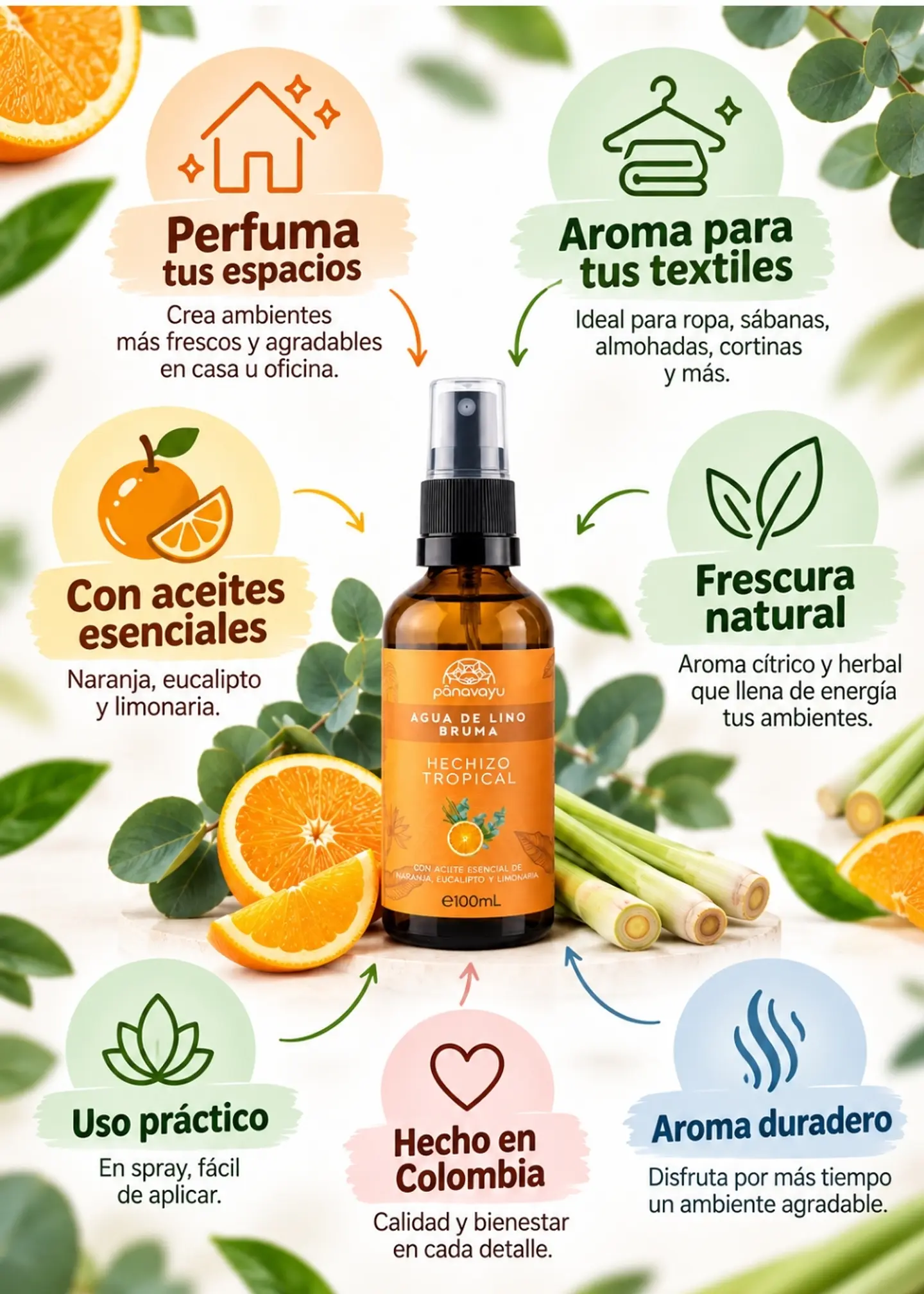 Panavayu Bruma aromatizante Hechizo Tropical 100 ml | Naranja, eucalipto y limonaria | Para ambientes y textiles | Hecha en Colombia 2