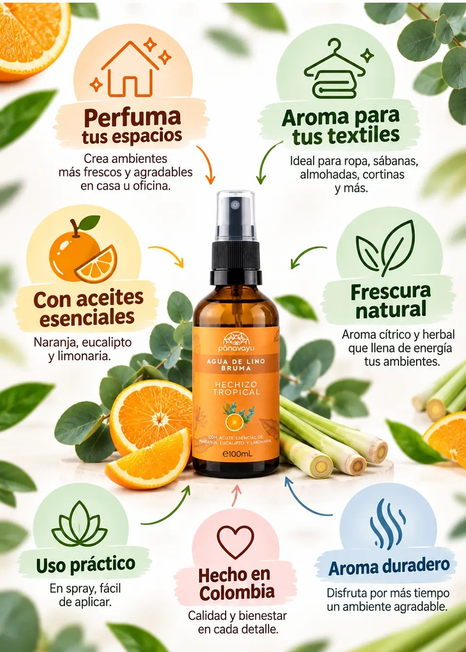 Panavayu Bruma aromatizante Hechizo Tropical 100 ml | Naranja, eucalipto y limonaria | Para ambientes y textiles | Hecha en Colombia 2