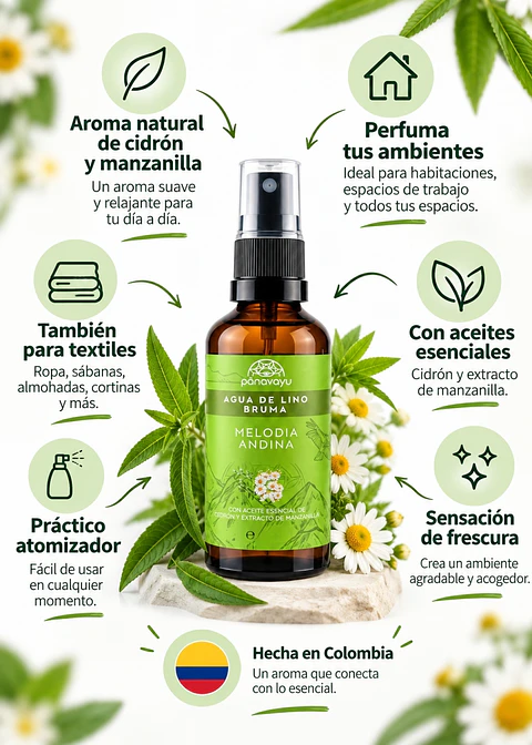 Panavayu Bruma aromatizante Melodía Andina 100 ml | Cidrón y manzanilla | Para ambientes y textiles | Hecha en Colombia