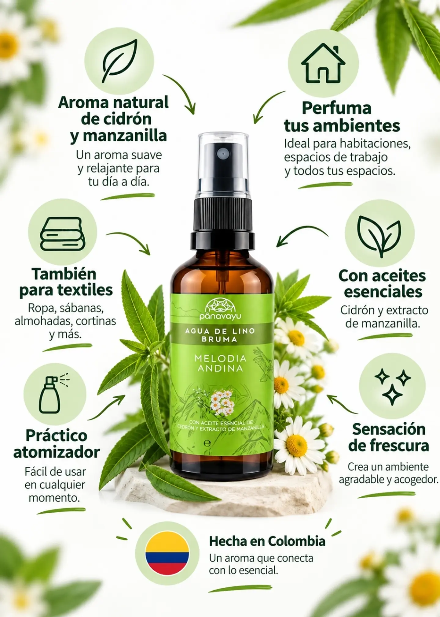 Panavayu Bruma aromatizante Melodía Andina 100 ml | Cidrón y manzanilla | Para ambientes y textiles | Hecha en Colombia 2