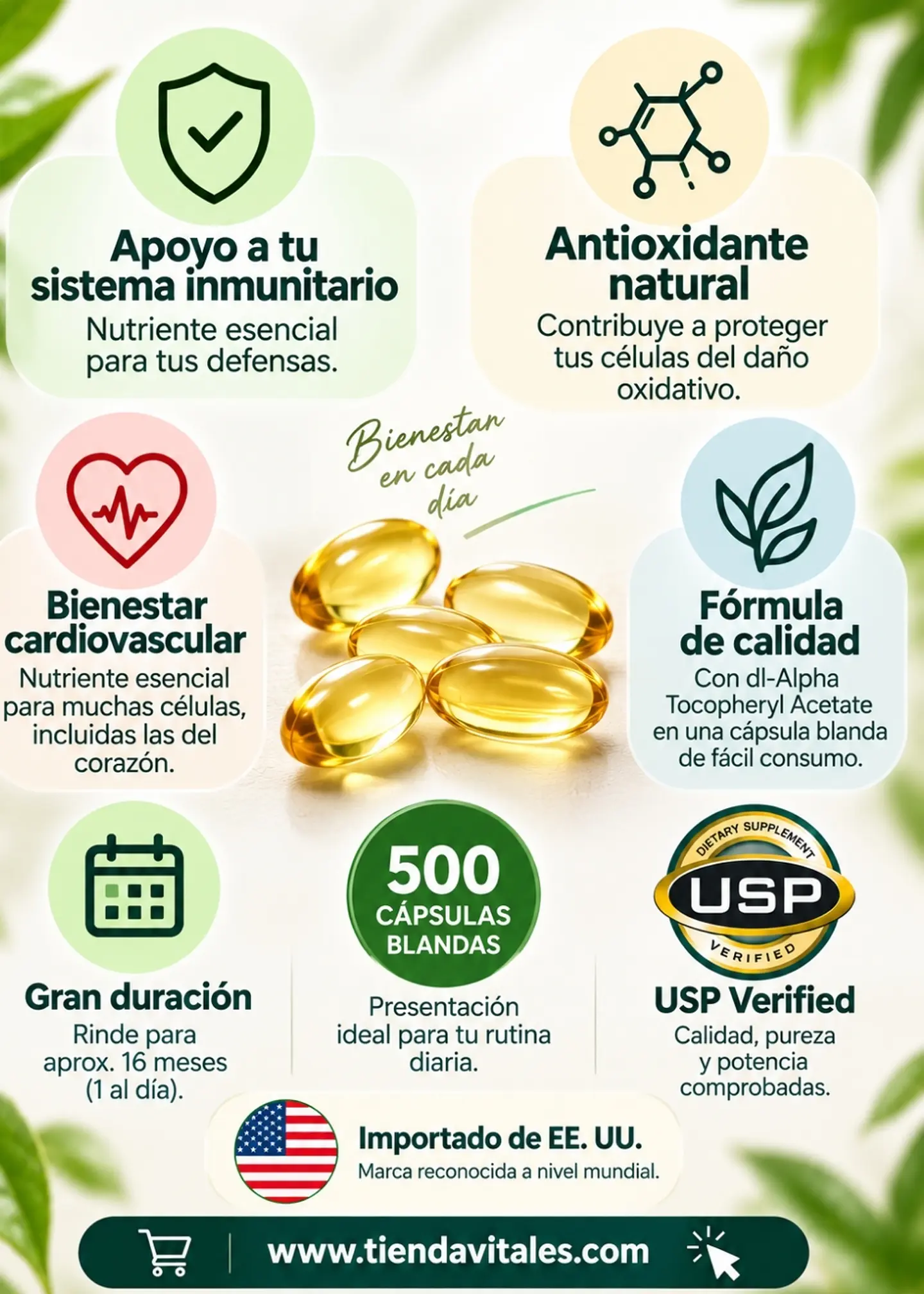 Kirkland Signature Vitamina E 400 IU (180 mg) | 500 cápsulas blandas | Antioxidante y apoyo inmunitario | USP Verified | Importado de EE. UU. | Colombia 2
