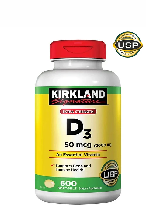 Kirkland Signature Extra Strength Vitamina D3 2000 IU (50 mcg) | 600 cápsulas blandas | USP Verified | Importado de EE. UU. | Colombia