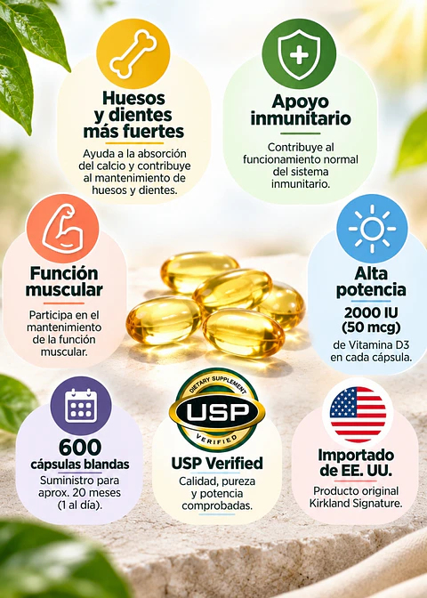 Kirkland Signature Extra Strength Vitamina D3 2000 IU (50 mcg) | 600 cápsulas blandas | USP Verified | Importado de EE. UU. | Colombia