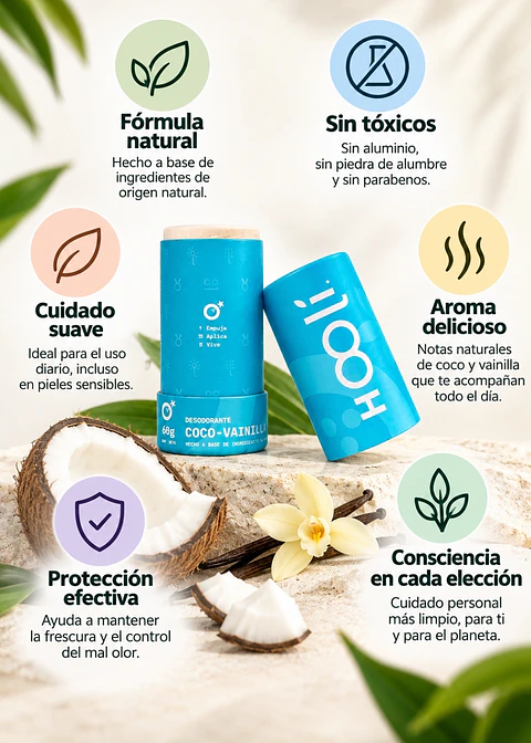 Desodorante Natural Hooli Coco y Vainilla 60 g | Sin aluminio, piedra de alumbre y parabenos | Con bicarbonato