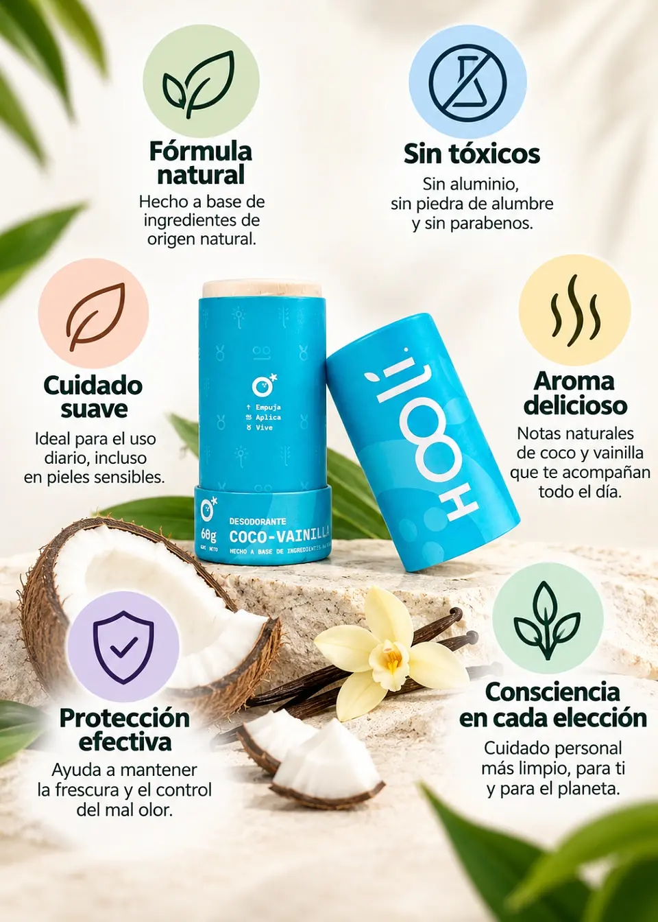 Desodorante Natural Hooli Coco y Vainilla 60 g | Sin aluminio, piedra de alumbre y parabenos | Con bicarbonato 2