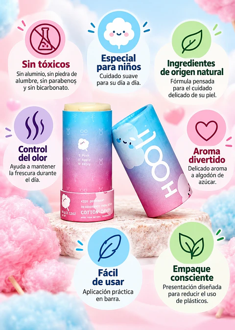 Desodorante Natural para Niños Algodón de Azúcar 60 g | Sin Bicarbonato, Aluminio, Piedra de Alumbre ni Parabenos | Cuidado Suave y Control del Olor