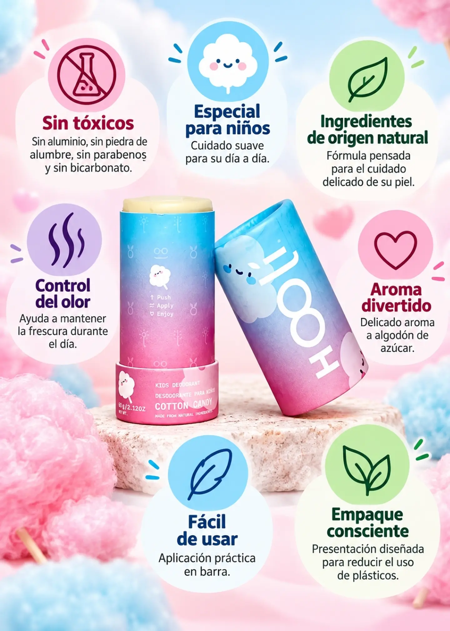 Desodorante Natural para Niños Algodón de Azúcar 60 g | Sin Bicarbonato, Aluminio, Piedra de Alumbre ni Parabenos | Cuidado Suave y Control del Olor 2